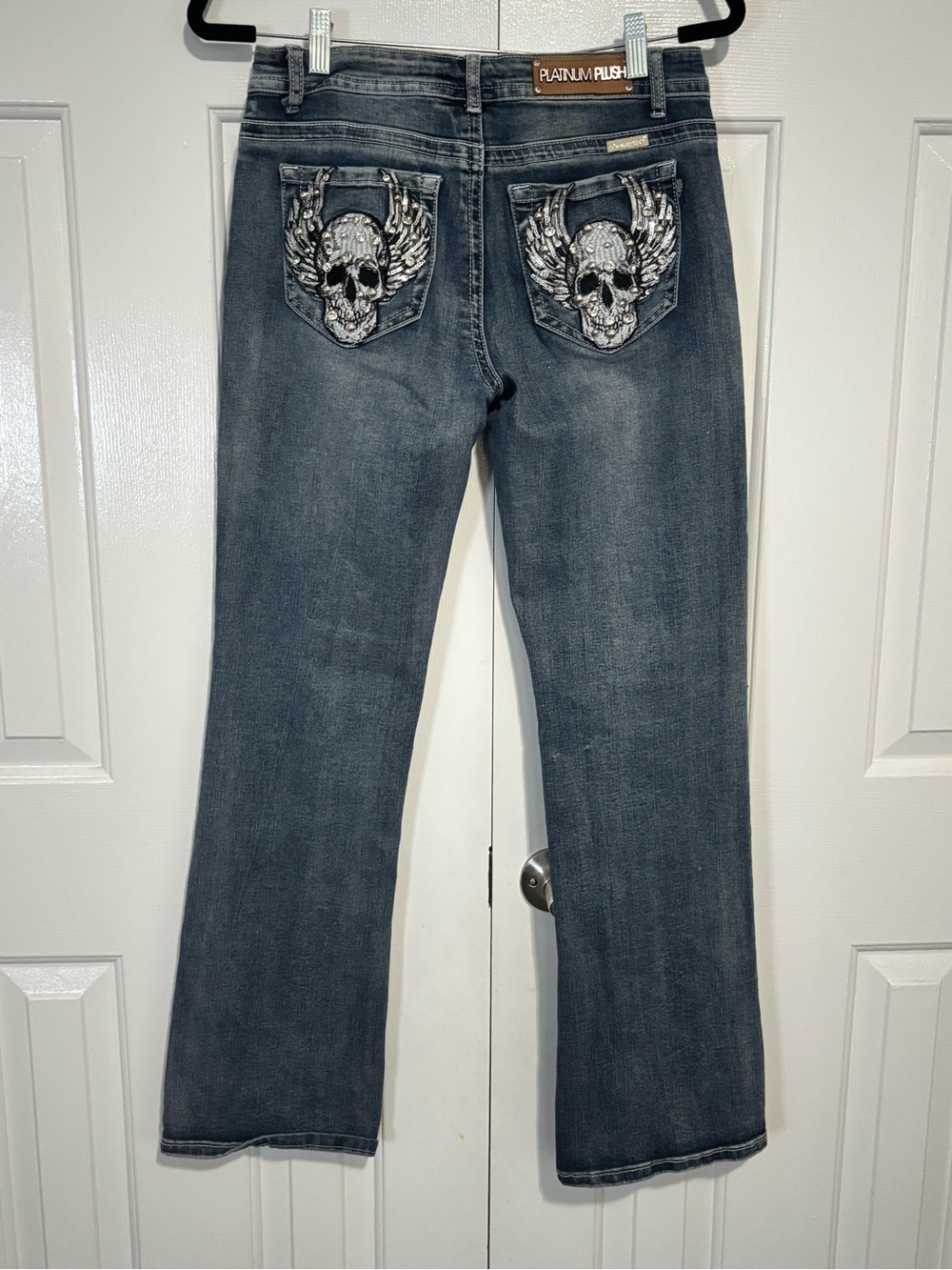 Platinum Plush Boot Cut Jeans with Embroidered Skull and Rhinestones Size 9